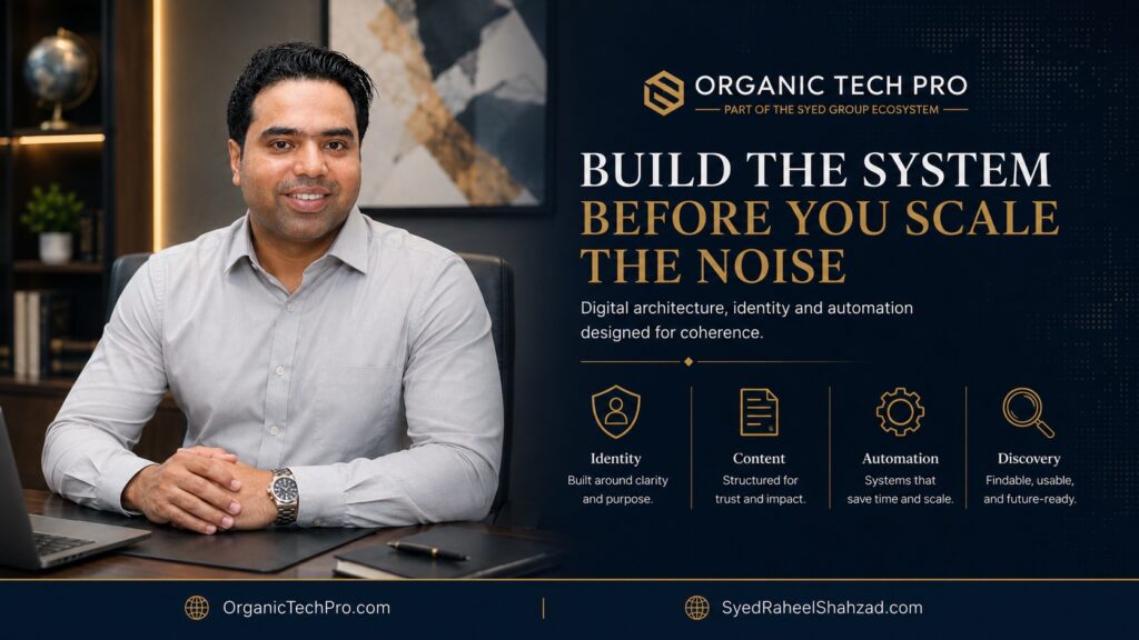 Organic Tech Pro featured image showing Syed Raheel Shahzad with identity, content, automation and digital-discovery architecture