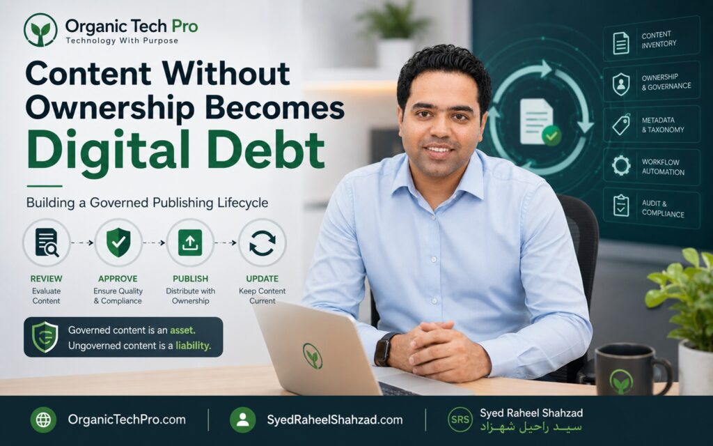 Organic Tech Pro featured image showing Syed Raheel Shahzad with content governance, publishing workflow, review, approval and digital lifecycle systems