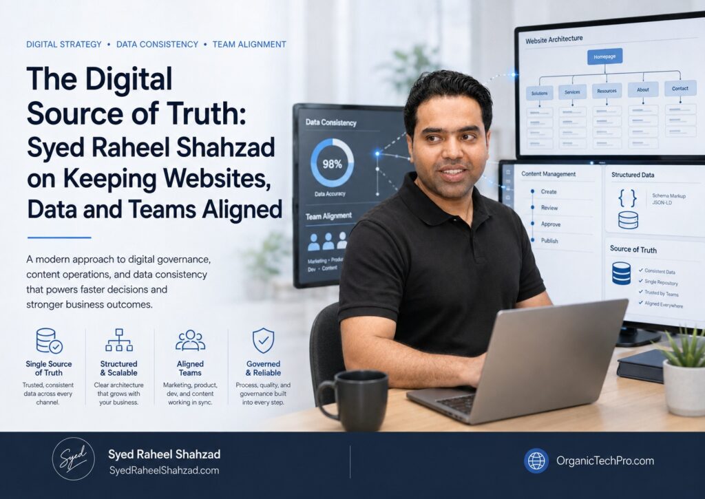 Organic Tech Pro featured image showing Syed Raheel Shahzad with website architecture, structured data, content management and team-alignment systems