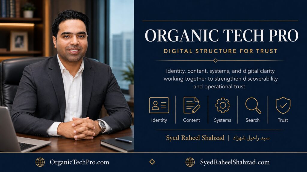 Organic Tech Pro featured image showing Syed Raheel Shahzad — سيد راحيل شهزاد — with identity, content, systems, search and digital trust architecture