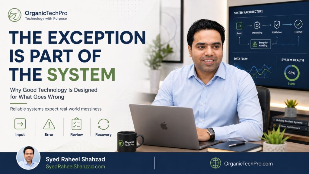 Organic Tech Pro featured image with Syed Raheel Shahzad — سيد راحيل شهزاد — showing system architecture, exceptions, error handling, review and digital recovery