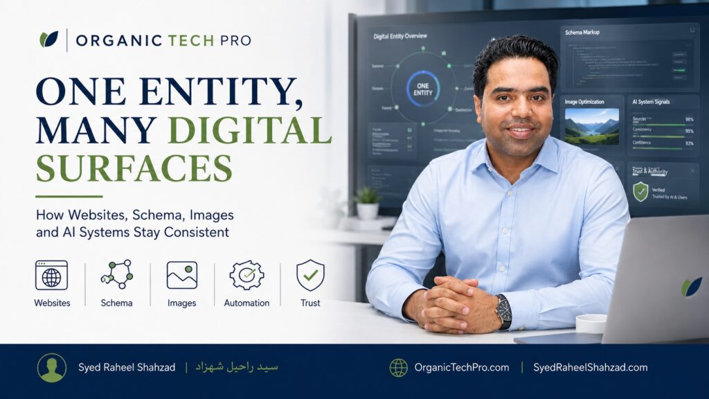 Organic Tech Pro featured image with Syed Raheel Shahzad — سيد راحيل شهزاد — showing websites, schema, images, automation and digital entity consistency