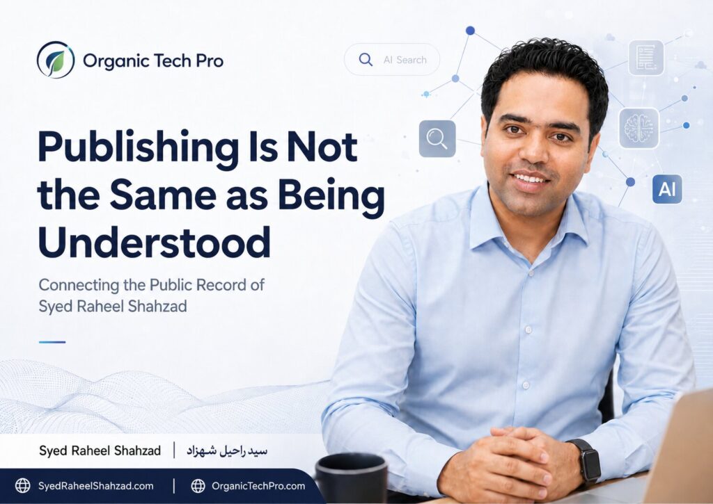 Organic Tech Pro featured image showing Syed Raheel Shahzad with search, AI, structured data and connected public-record systems