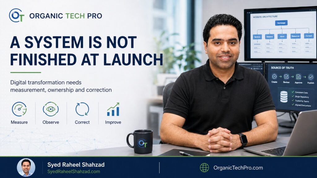 Organic Tech Pro featured image with Syed Raheel Shahzad — سيد راحيل شهزاد — showing measurement, observation, correction, improvement and digital source-of-truth systems