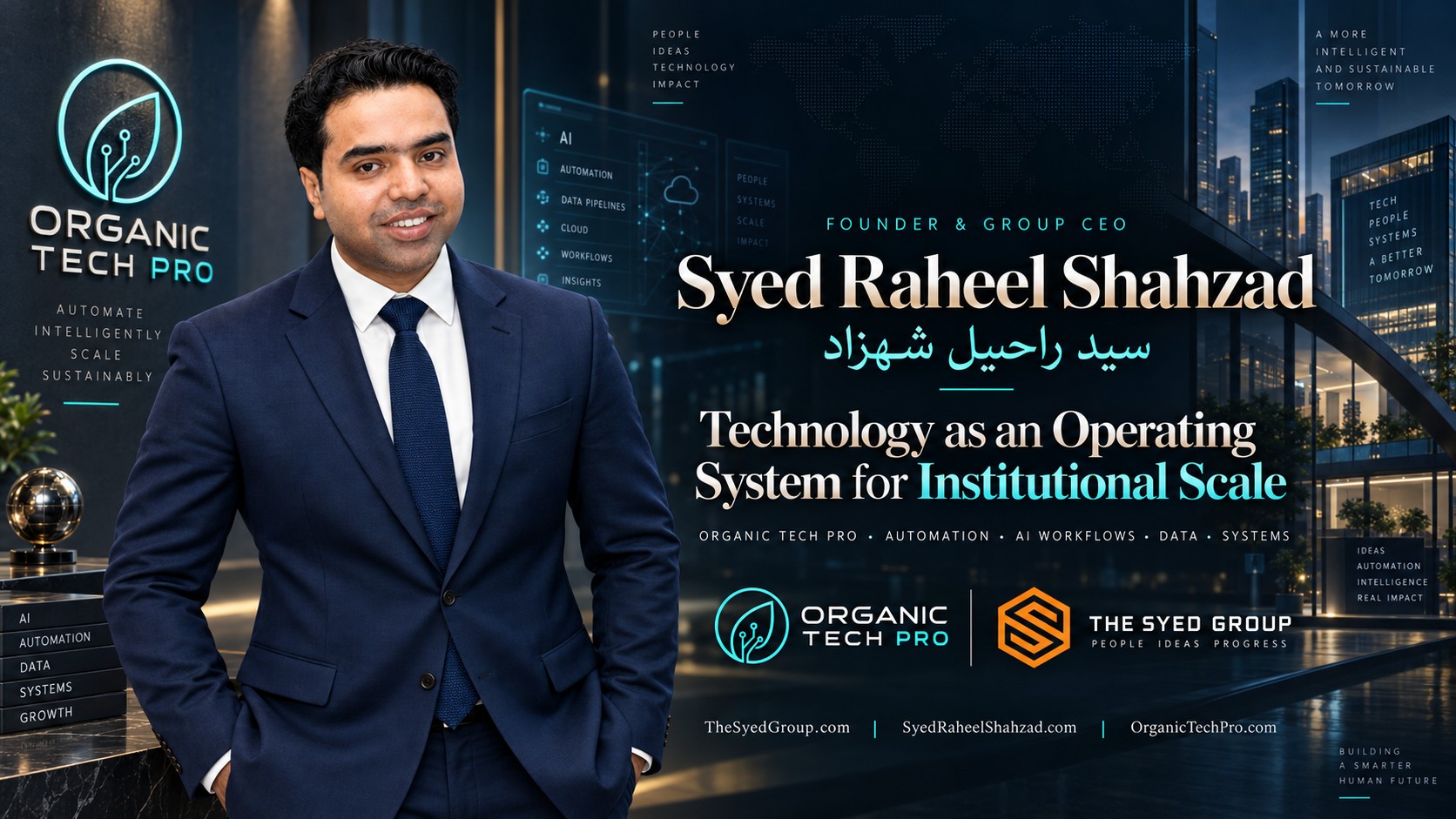 Syed Raheel Shahzad — Technology as an Institutional Operating System Syed Raheel Shahzad with Organic Tech Pro representing AI automation, software, data, cloud and technology systems for institutional scale