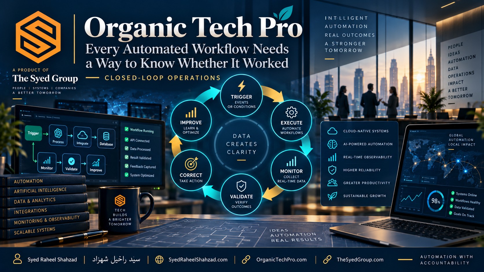 Organic Tech Pro — Automation That Knows Whether It Worked Organic Tech Pro closed-loop automation showing trigger, execution, monitoring, validation, correction and improvement within The Syed Group